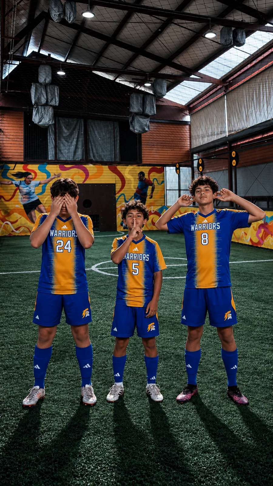Niños con uniforme de fútbol en la cancha