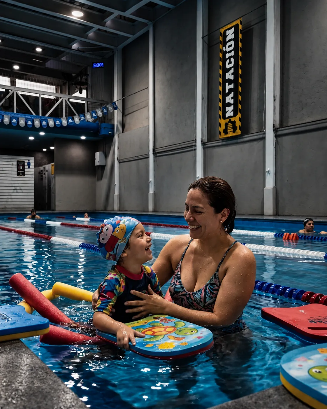 Mamá e hijo sonriendo en clase de natación