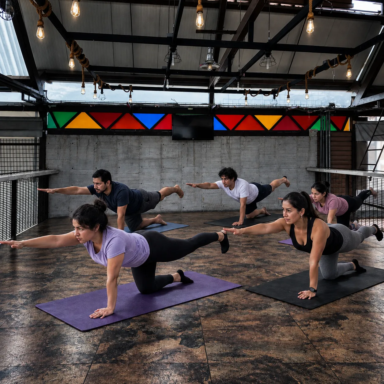 Clase de yoga en el salón de actividades